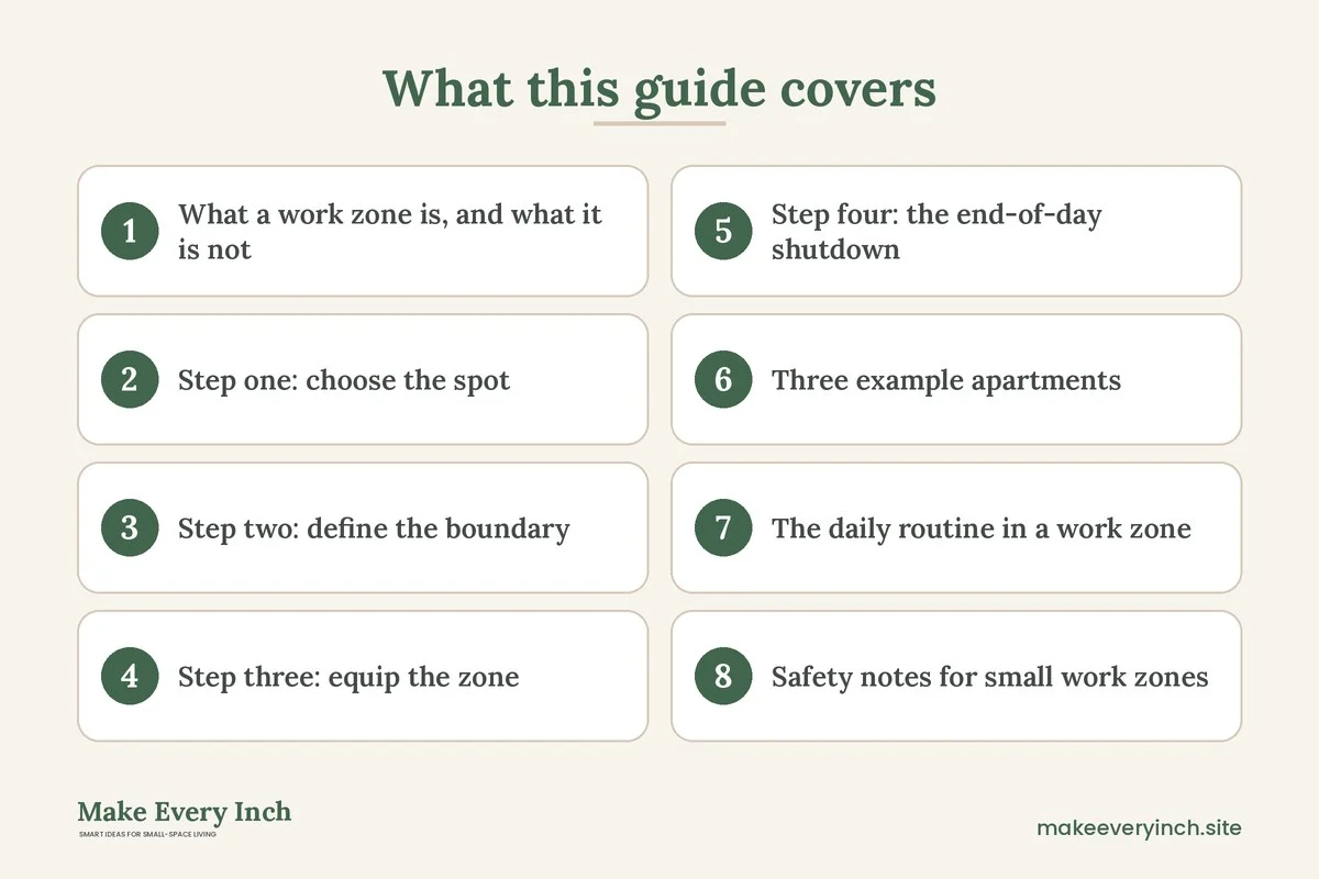 Graphic listing 8 topics covered in: How to Create a Work Zone in a Small Apartment