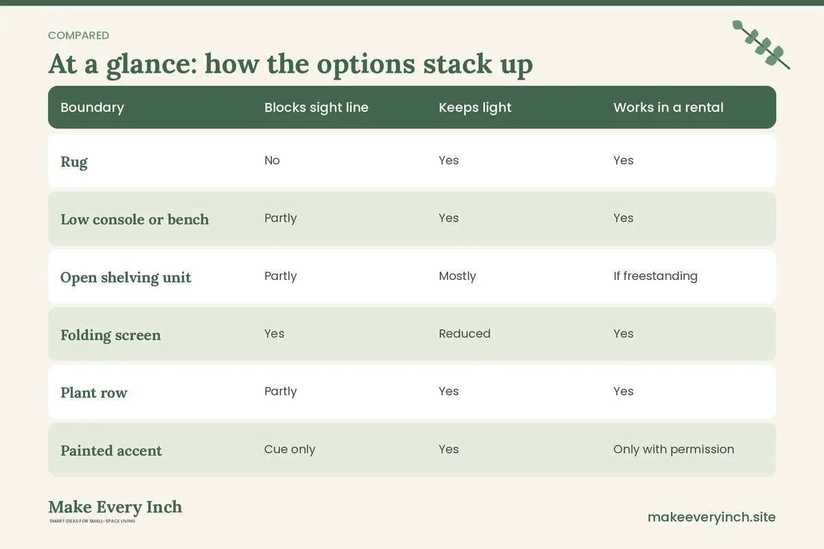 Comparison table of options for: How to Create an Entryway in an Open-Plan Home Without Walls (Boundary, Blocks sight line, Keeps light, Works in a rental)