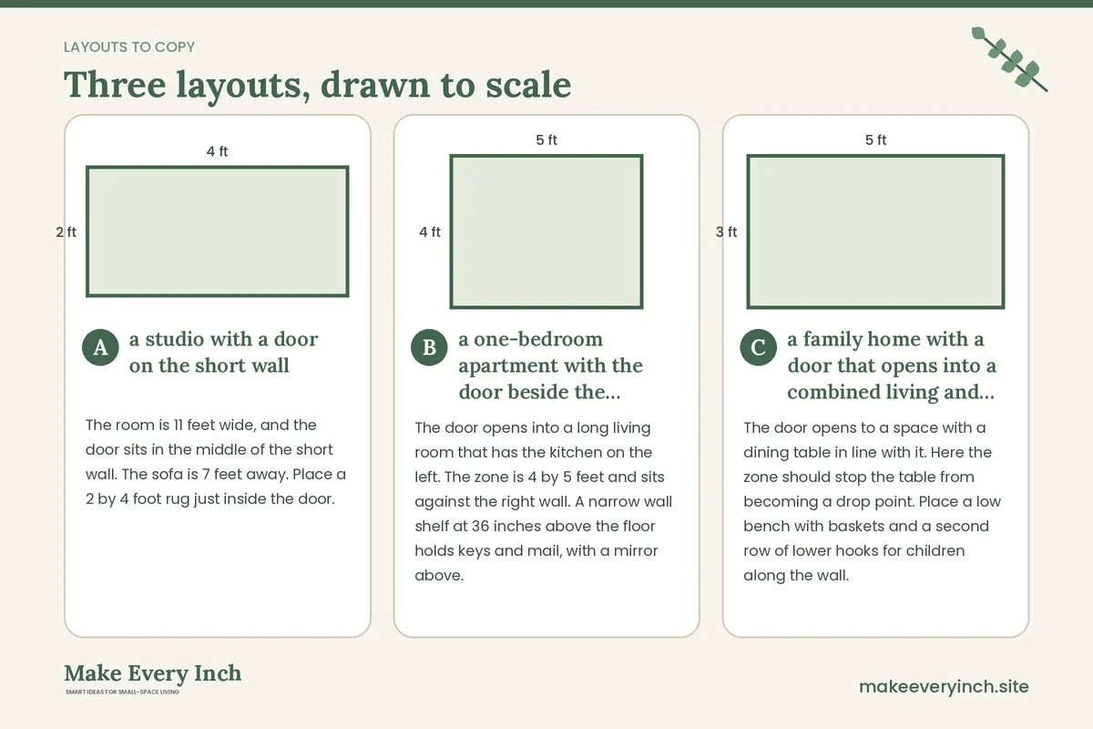 Three room layouts drawn to scale with dimensions and placement notes for: How to Create an Entryway in an Open-Plan Home Without Walls