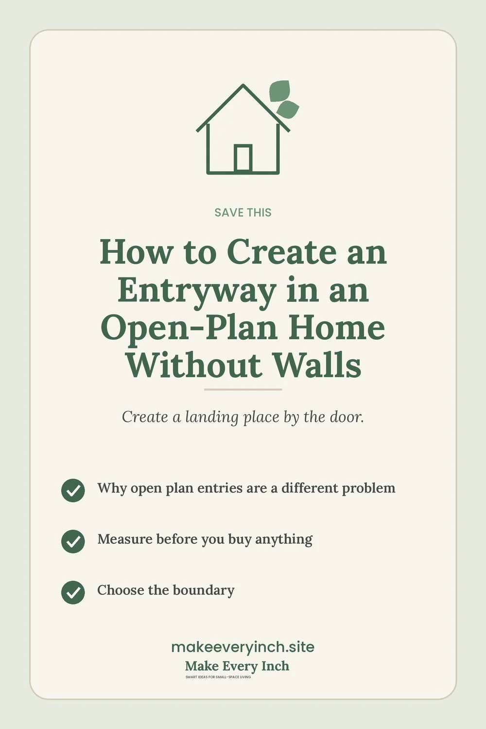 Save-this Pinterest pin with a short checklist for: How to Create an Entryway in an Open-Plan Home Without Walls