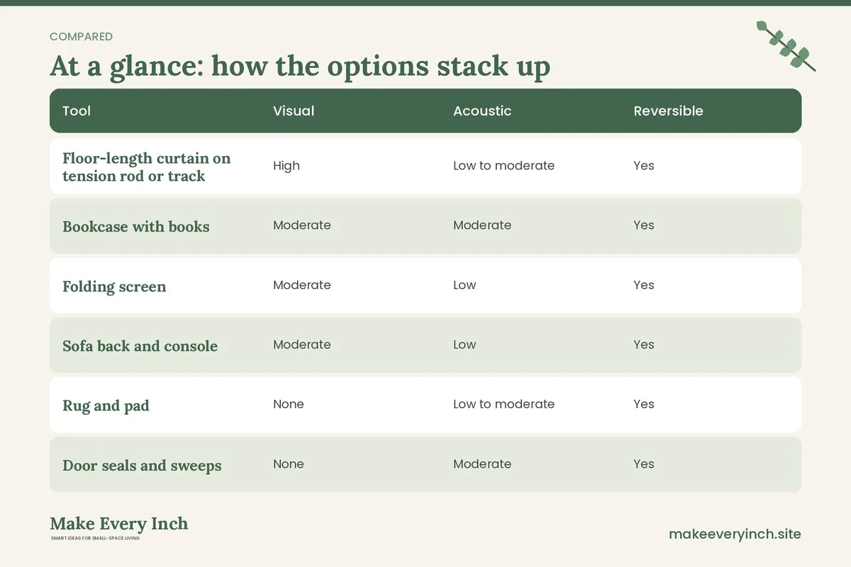 Comparison table of options for: How to Create Privacy in a Small Home Where Layouts Fall Short (Tool, Visual, Acoustic, Reversible)