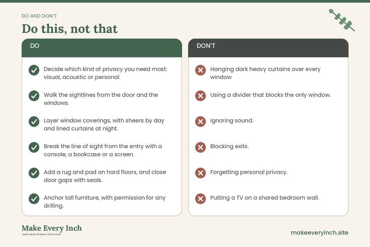 Do and don't checklist for: How to Create Privacy in a Small Home Where Layouts Fall Short