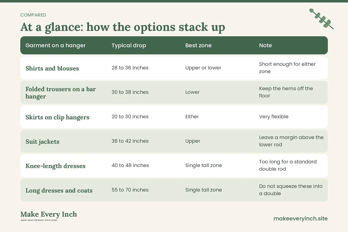 Comparison table of options for: How to Double Hanging Space in a Closet (Garment on a hanger, Typical drop, Best zone, Note)