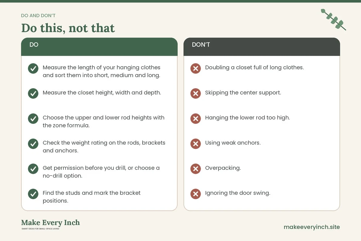Do and don't checklist for: How to Double Hanging Space in a Closet