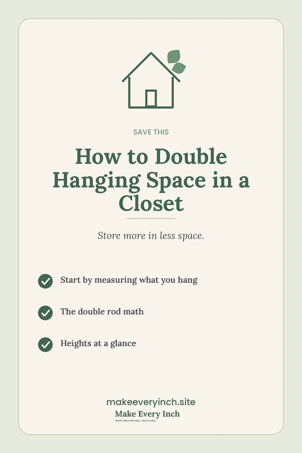 Save-this Pinterest pin with a short checklist for: How to Double Hanging Space in a Closet