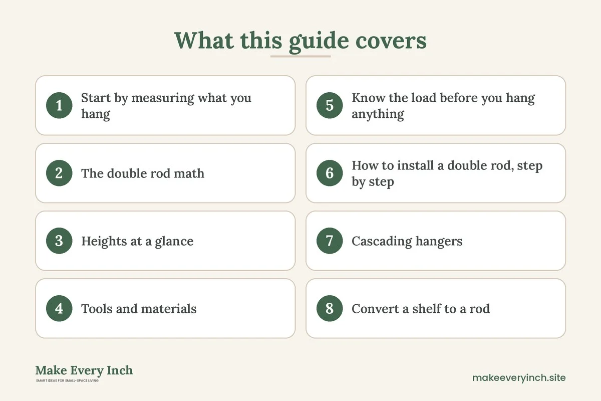 Graphic listing 8 topics covered in: How to Double Hanging Space in a Closet