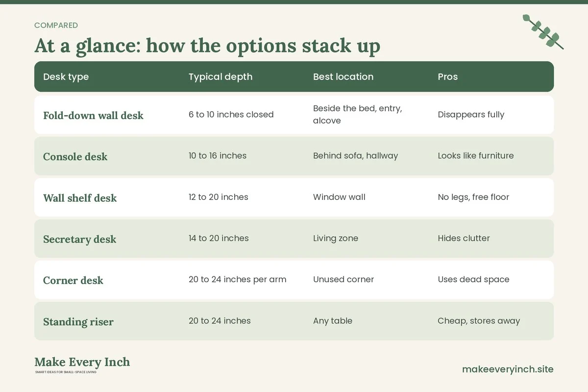 Comparison table of options for: How to Fit a Desk into a Studio Apartment (Desk type, Typical depth, Best location, Pros)