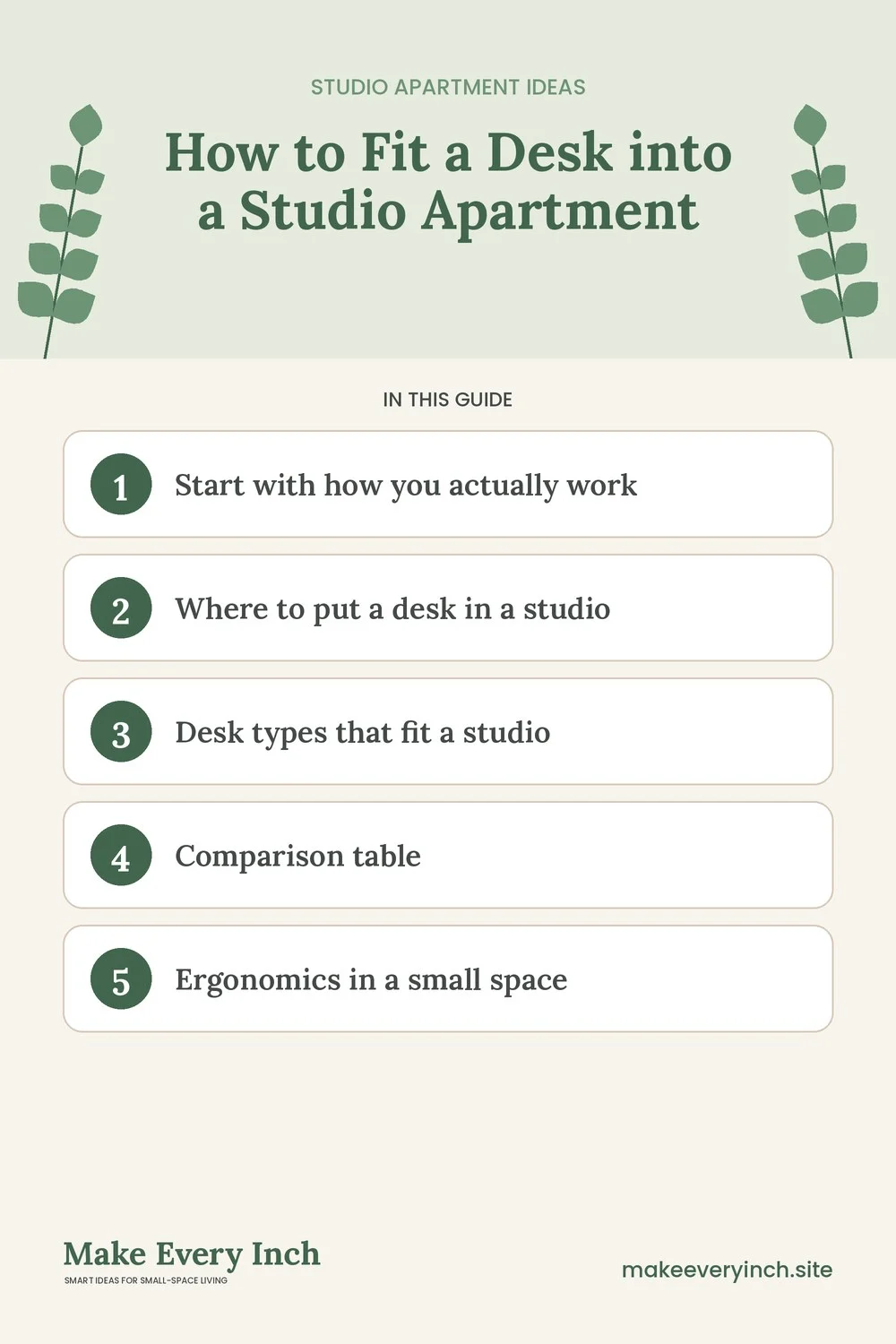 Pinterest pin listing the main topics in: How to Fit a Desk into a Studio Apartment
