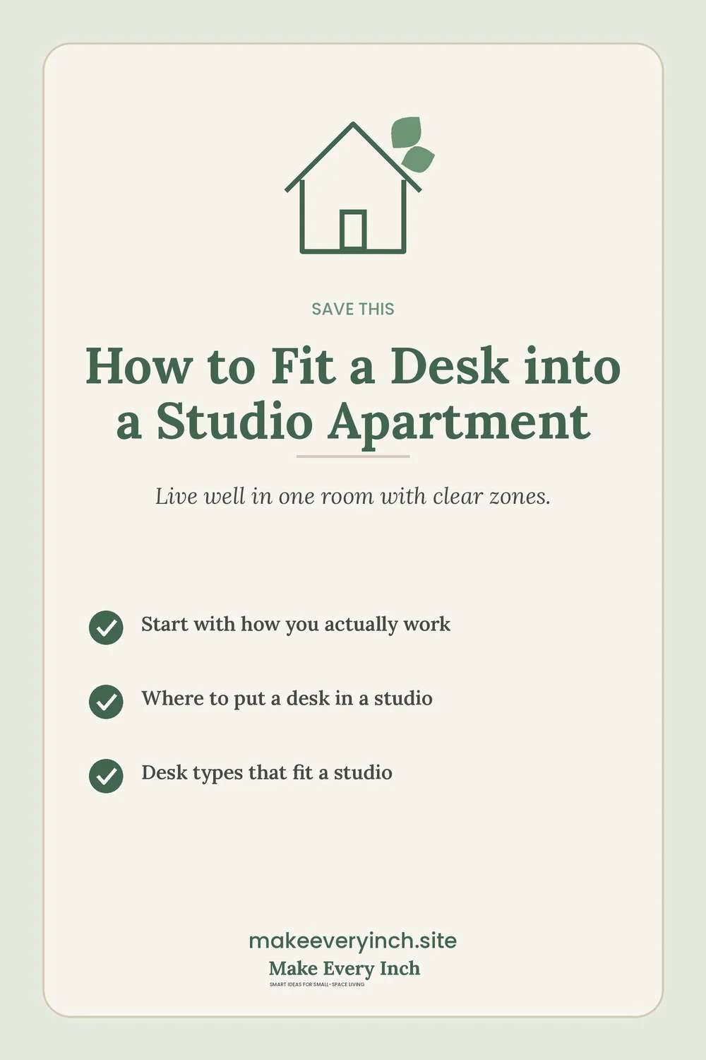 Save-this Pinterest pin with a short checklist for: How to Fit a Desk into a Studio Apartment