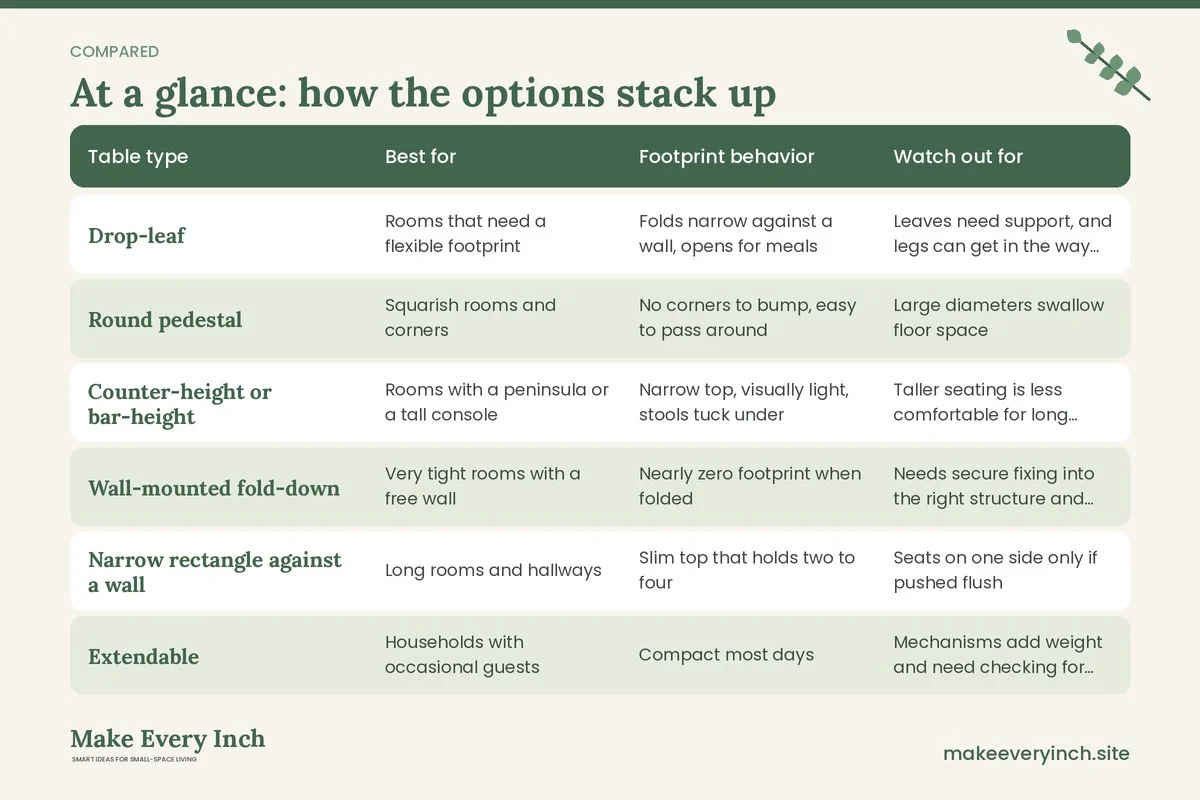 Comparison table of options for: How to Fit a Dining Area into a Small Living Room (Table type, Best for, Footprint behavior, Watch out for)