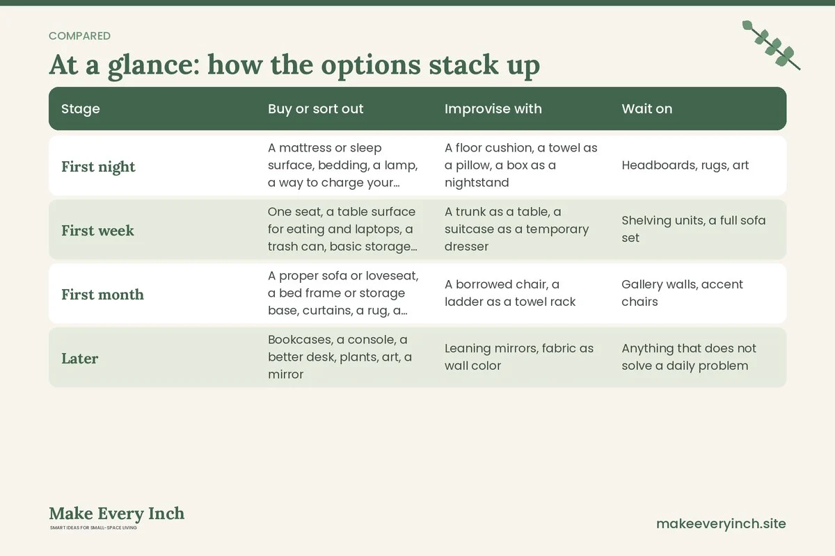Comparison table of options for: How to Furnish a Small Apartment on a Budget (Stage, Buy or sort out, Improvise with, Wait on)