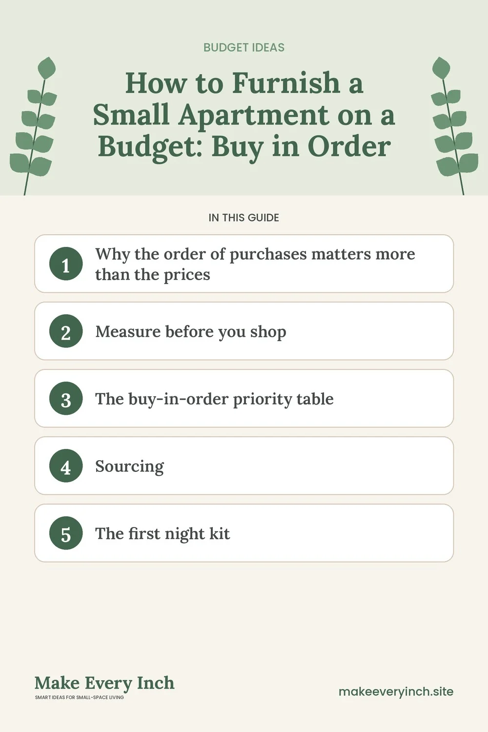 Pinterest pin listing the main topics in: How to Furnish a Small Apartment on a Budget