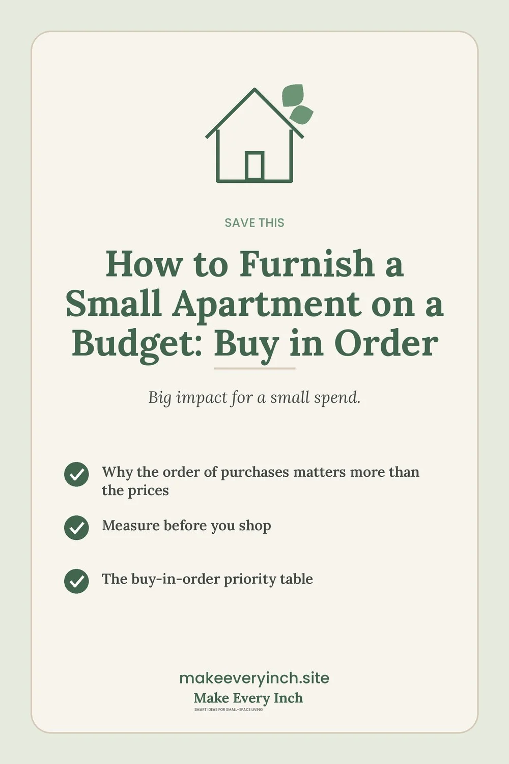 Save-this Pinterest pin with a short checklist for: How to Furnish a Small Apartment on a Budget
