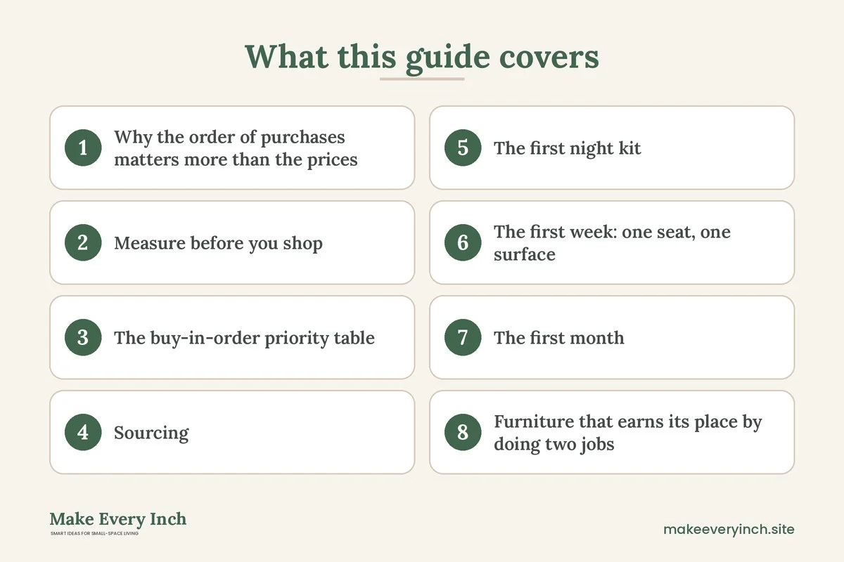 Graphic listing 8 topics covered in: How to Furnish a Small Apartment on a Budget