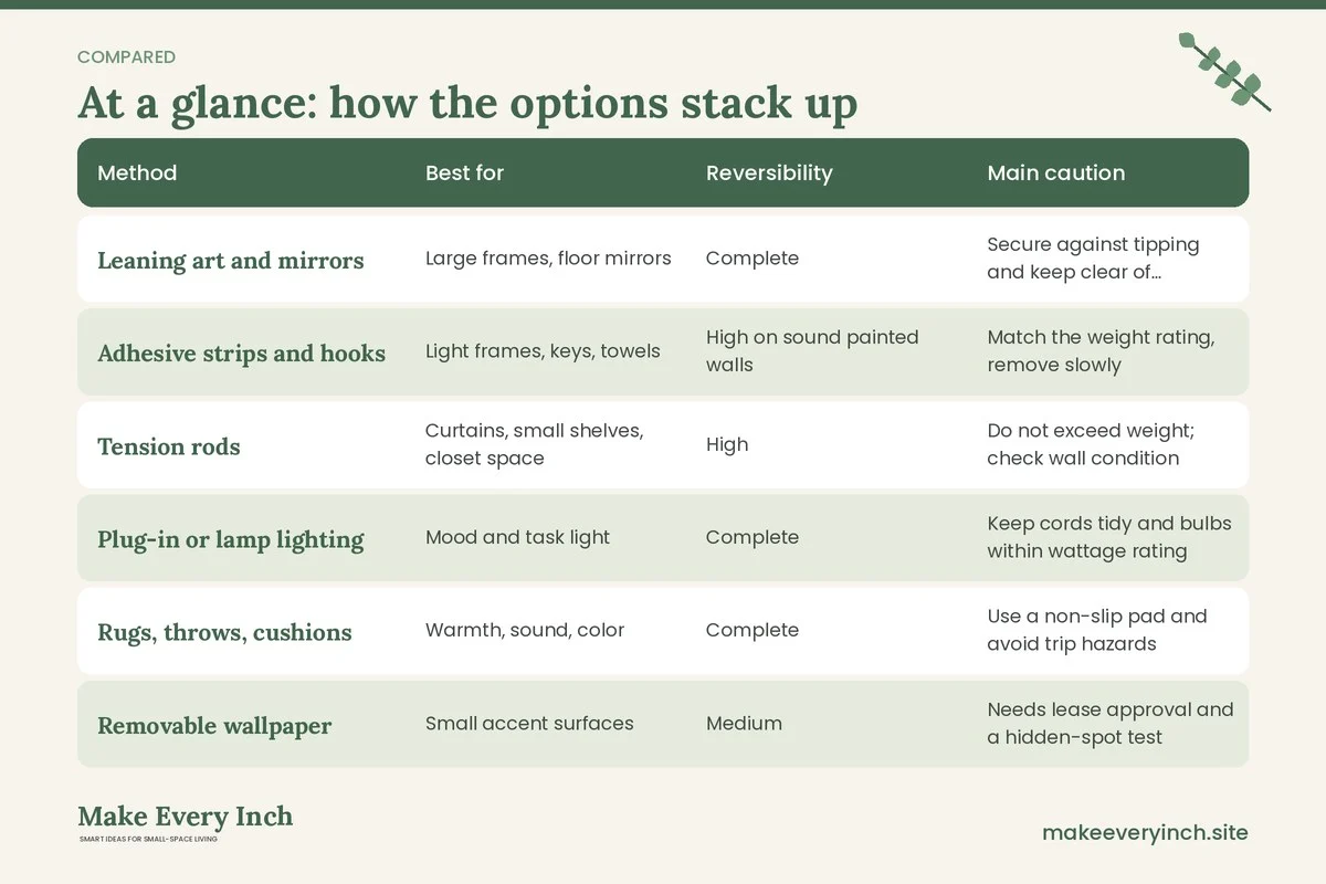 Comparison table of options for: Make a Rental Feel Like Home Without Renovating (Method, Best for, Reversibility, Main caution)