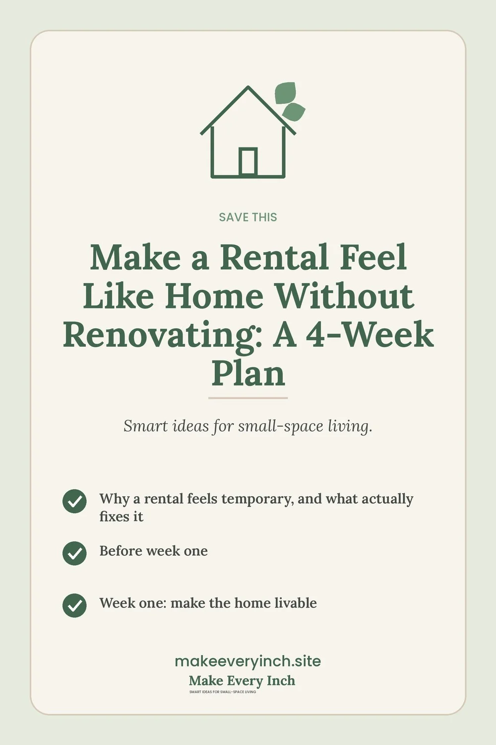 Save-this Pinterest pin with a short checklist for: Make a Rental Feel Like Home Without Renovating