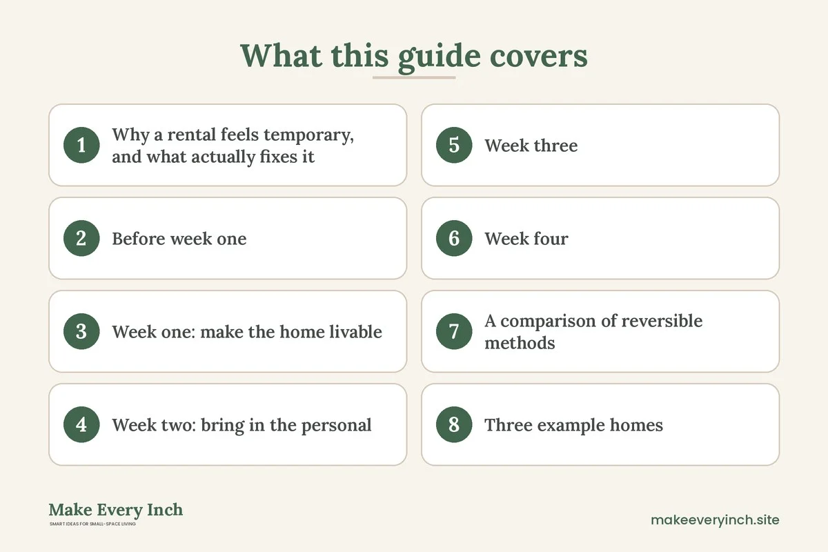 Graphic listing 8 topics covered in: Make a Rental Feel Like Home Without Renovating