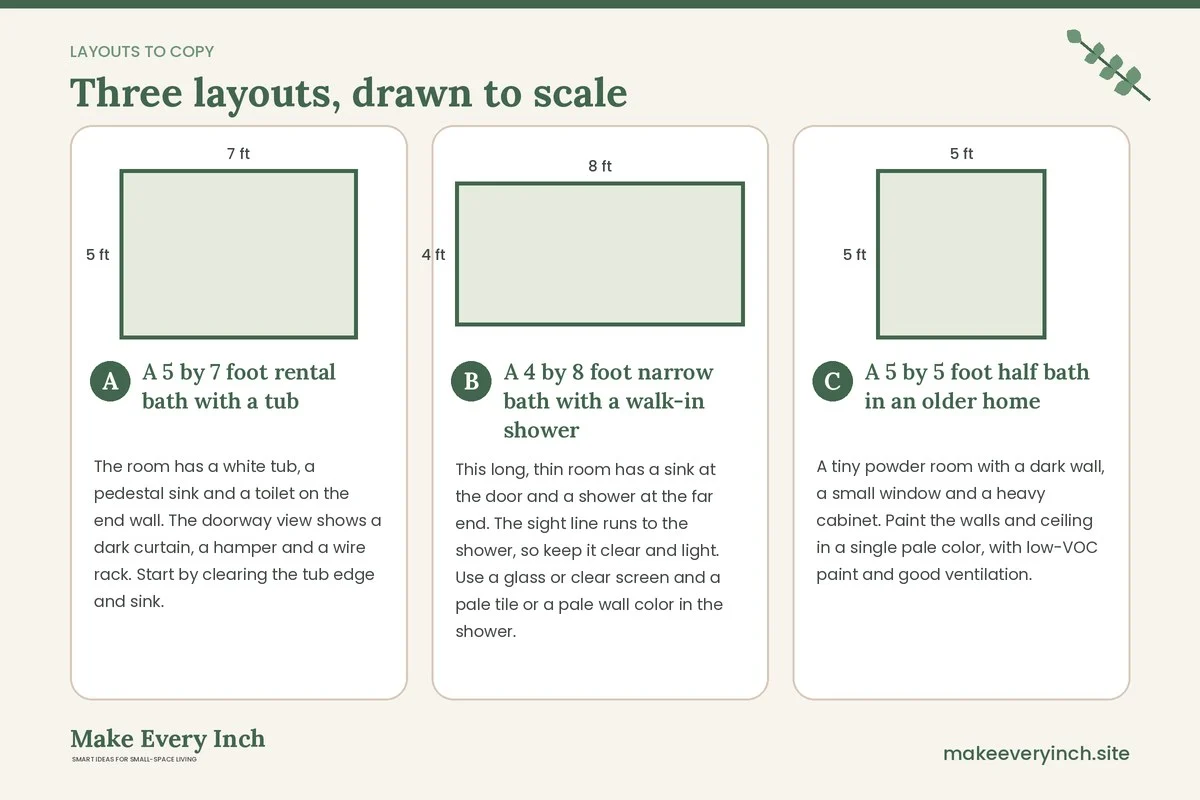 Three room layouts drawn to scale with dimensions and placement notes for: How to Make a Small Bathroom Look Bigger in 12 Steps