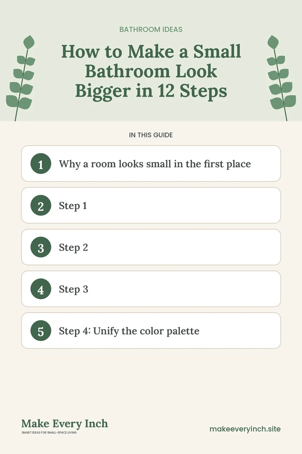 Pinterest pin listing the main topics in: How to Make a Small Bathroom Look Bigger in 12 Steps