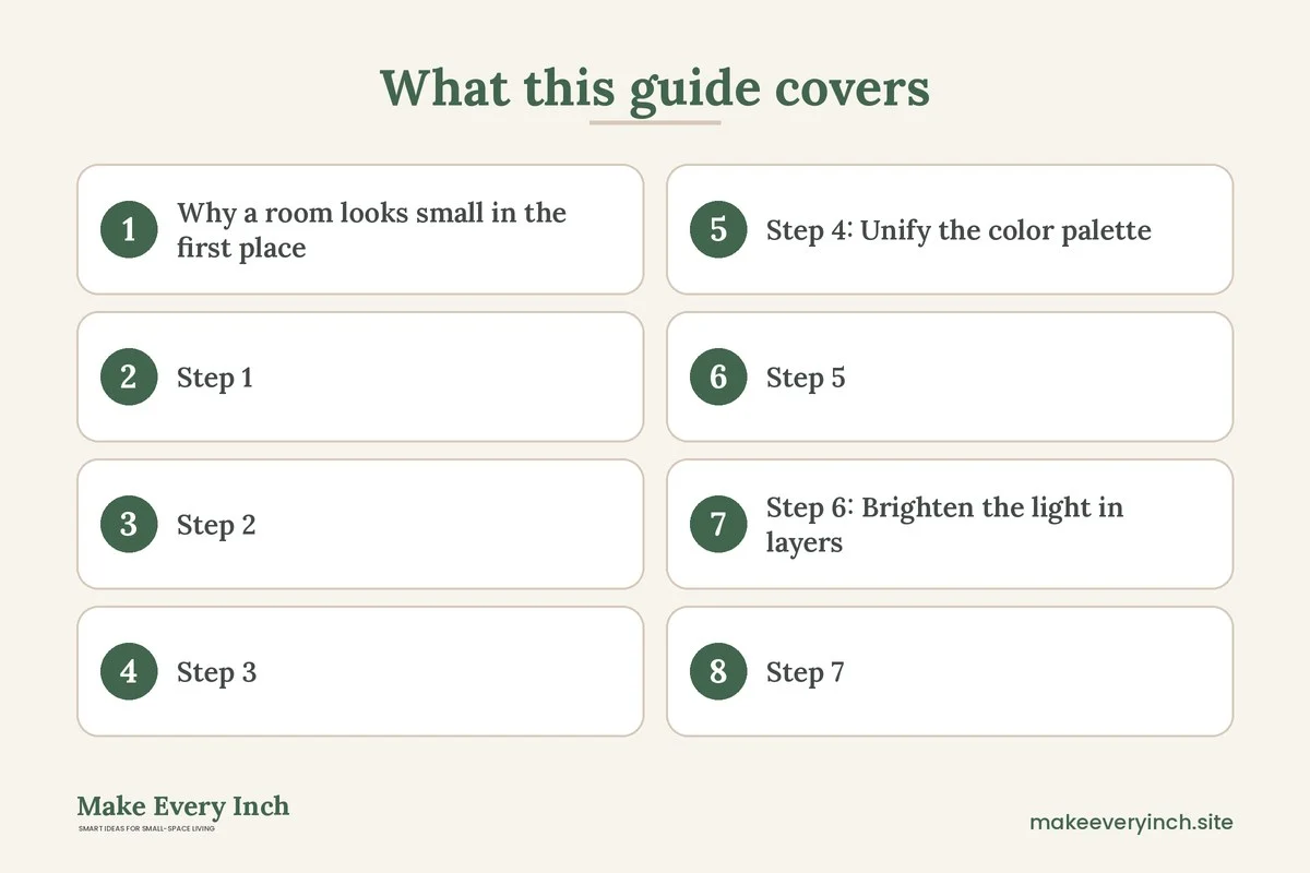 Graphic listing 8 topics covered in: How to Make a Small Bathroom Look Bigger in 12 Steps