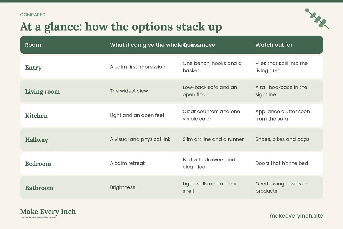Comparison table of options for: How to Make a Small House Feel Bigger (Room, What it can give the whole house, Quick move, Watch out for)