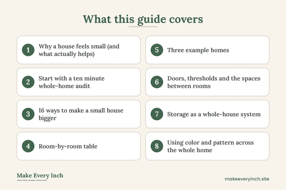 Graphic listing 8 topics covered in: How to Make a Small House Feel Bigger