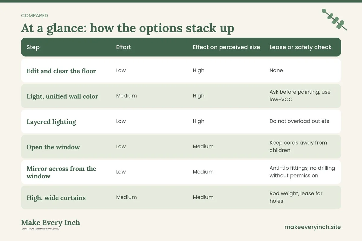 Comparison table of options for: How to Make a Small Living Room Look Bigger in 10 Steps (Step, Effort, Effect on perceived size, Lease or safety check)