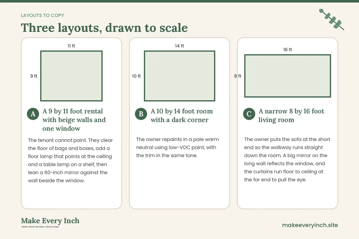 Three room layouts drawn to scale with dimensions and placement notes for: How to Make a Small Living Room Look Bigger in 10 Steps