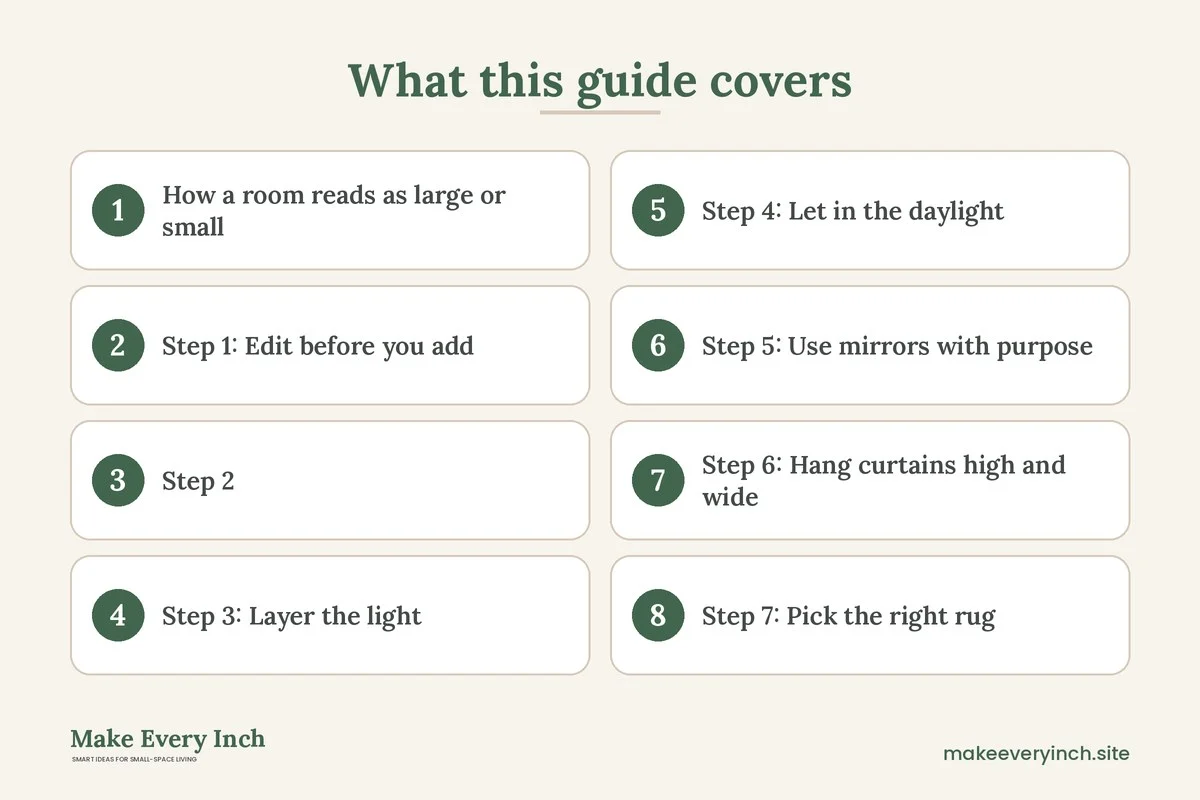 Graphic listing 8 topics covered in: How to Make a Small Living Room Look Bigger in 10 Steps
