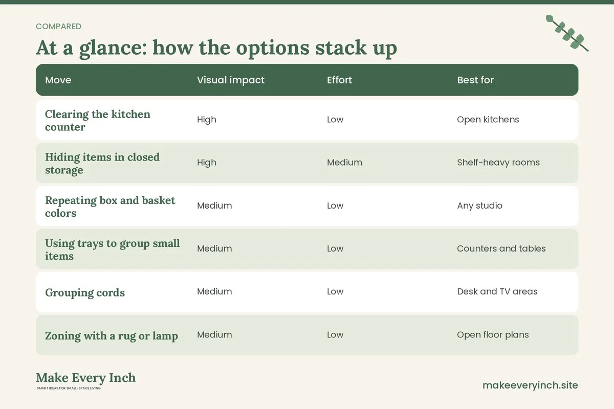 Comparison table of options for: How to Make a Studio Apartment Feel Organized (Move, Visual impact, Effort, Best for)