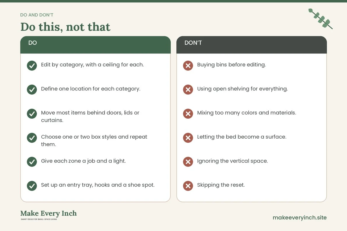 Do and don't checklist for: How to Make a Studio Apartment Feel Organized