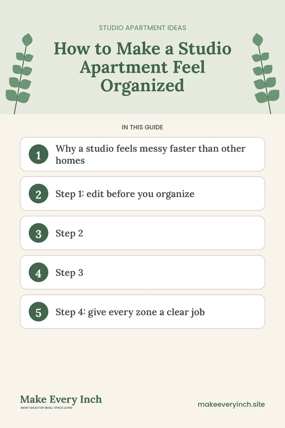 Pinterest pin listing the main topics in: How to Make a Studio Apartment Feel Organized