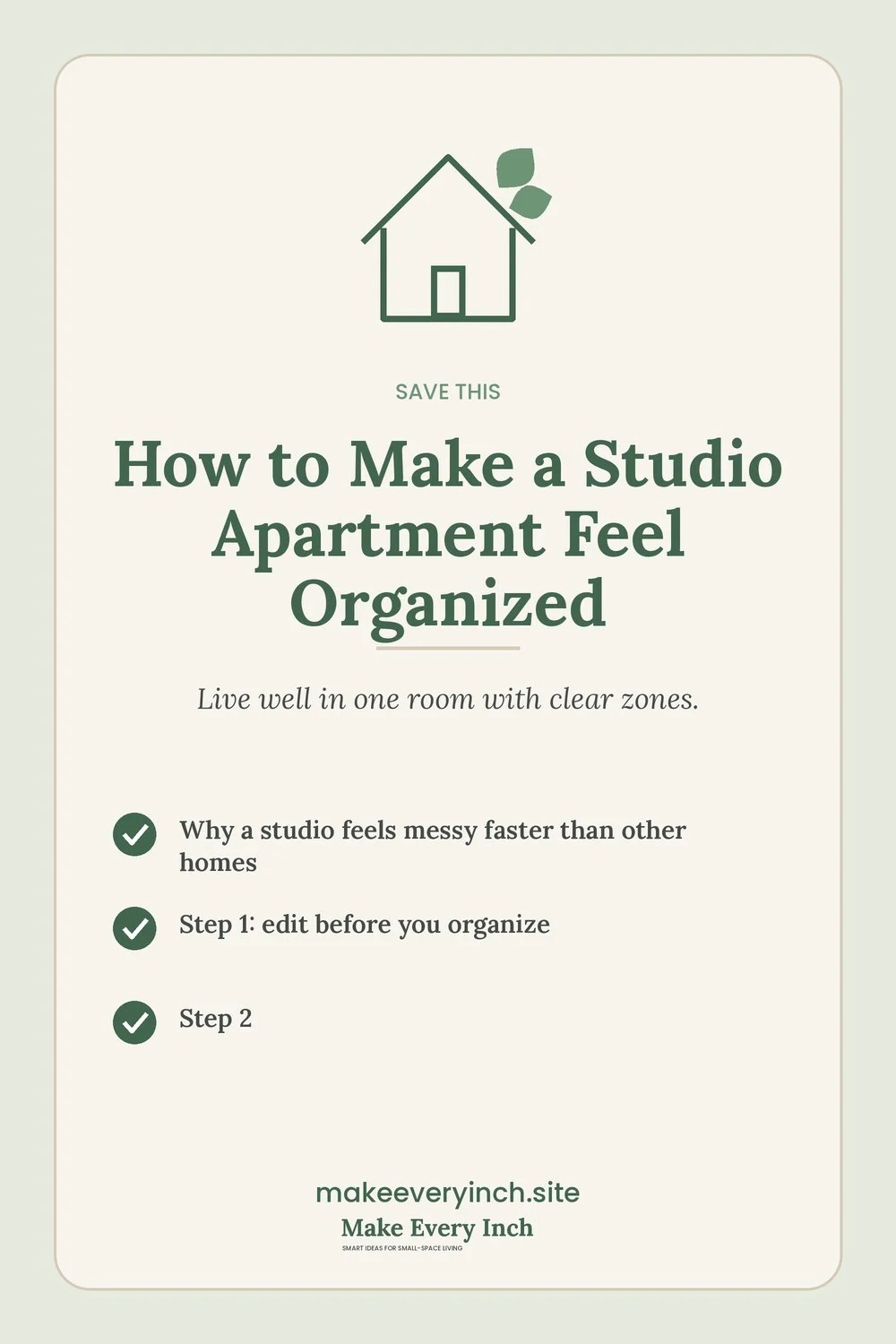 Save-this Pinterest pin with a short checklist for: How to Make a Studio Apartment Feel Organized