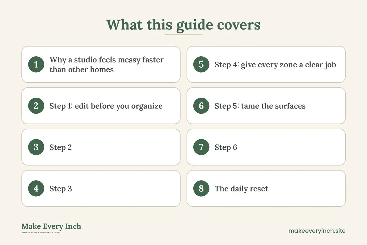 Graphic listing 8 topics covered in: How to Make a Studio Apartment Feel Organized