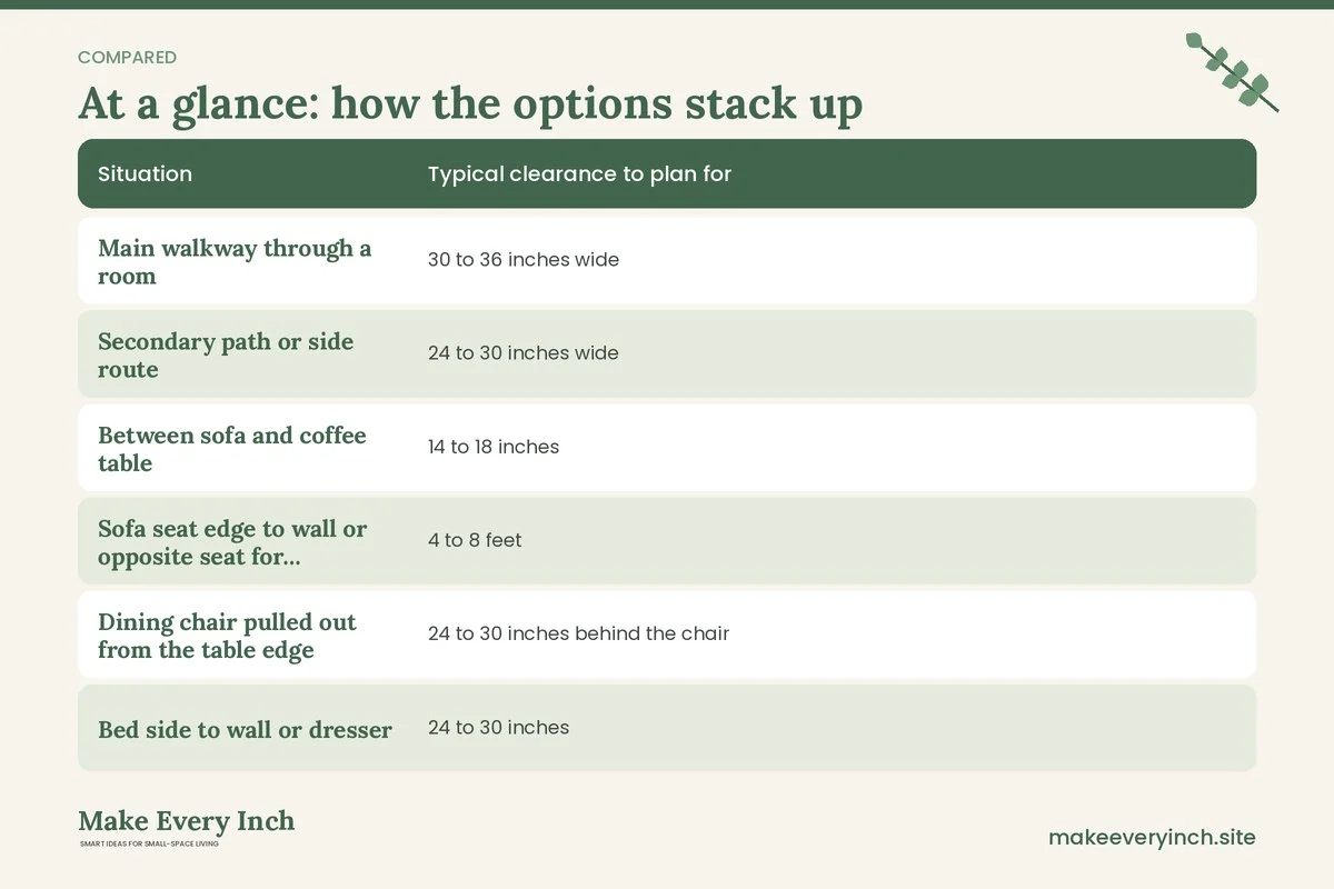 Comparison table of options for: How to Measure Furniture for a Small Room (Situation, Typical clearance to plan for, )