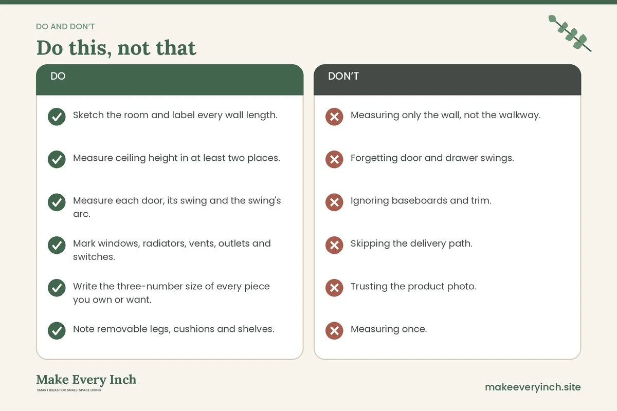 Do and don't checklist for: How to Measure Furniture for a Small Room