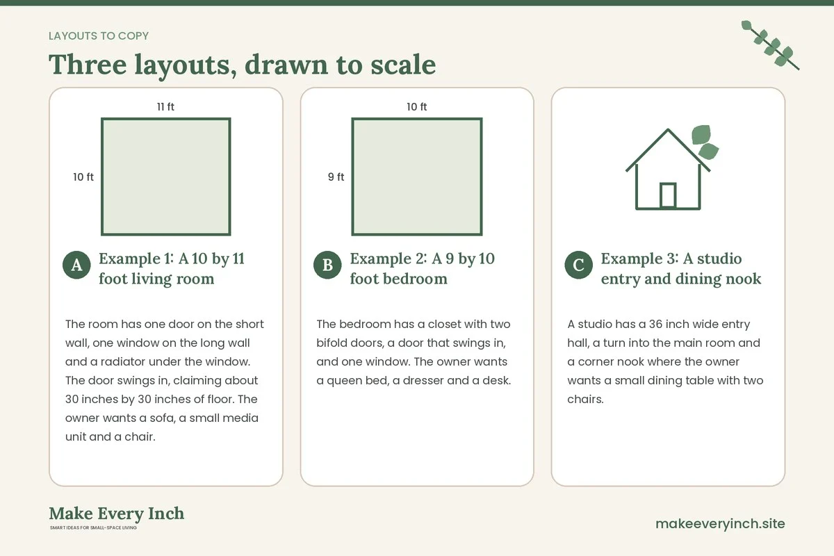 Three room layouts drawn to scale with dimensions and placement notes for: How to Measure Furniture for a Small Room