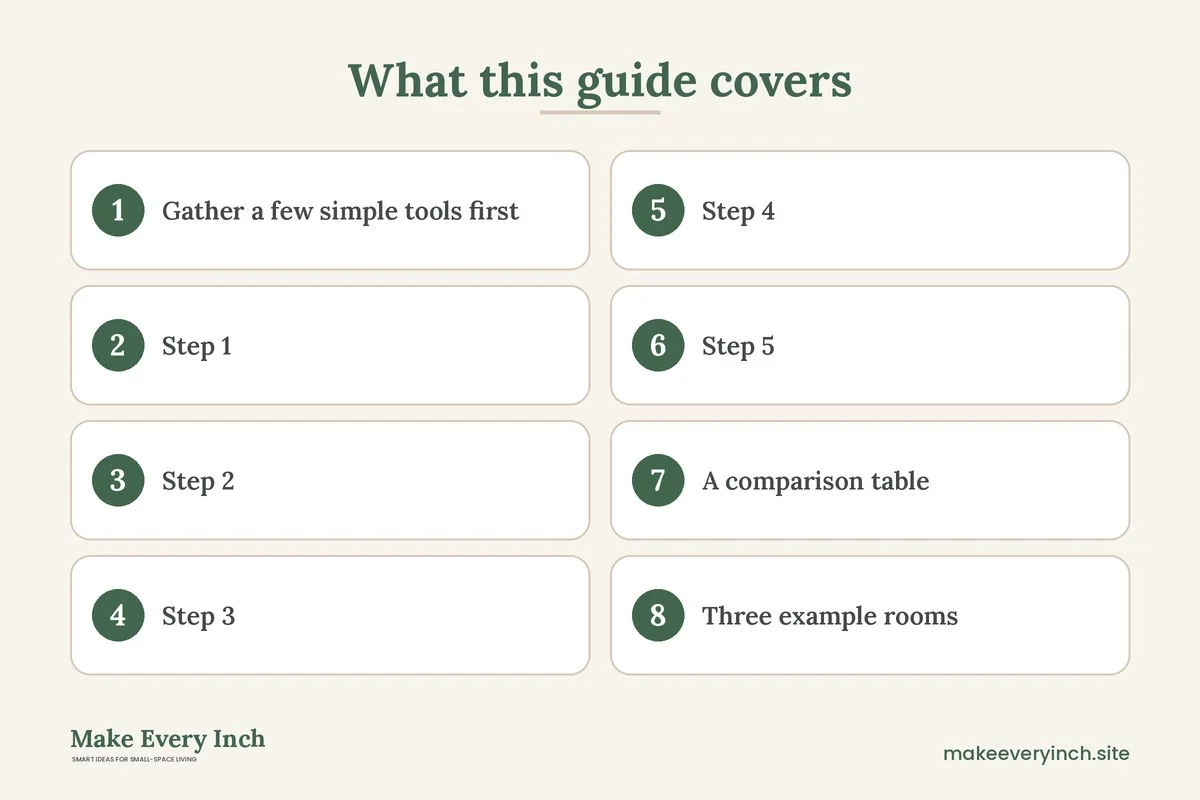 Graphic listing 8 topics covered in: How to Measure Furniture for a Small Room