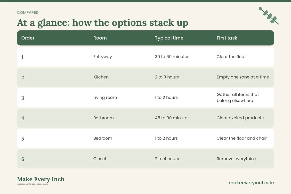 Comparison table of options for: How to Organize a Small Home Room by Room (Order, Room, Typical time, First task)
