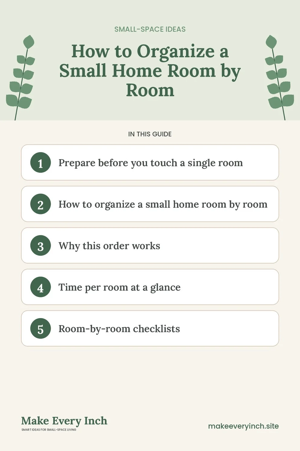 Pinterest pin listing the main topics in: How to Organize a Small Home Room by Room