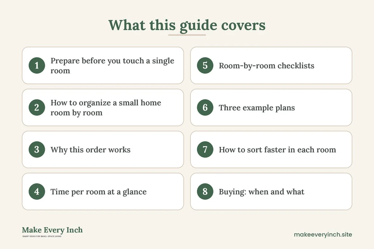 Graphic listing 8 topics covered in: How to Organize a Small Home Room by Room