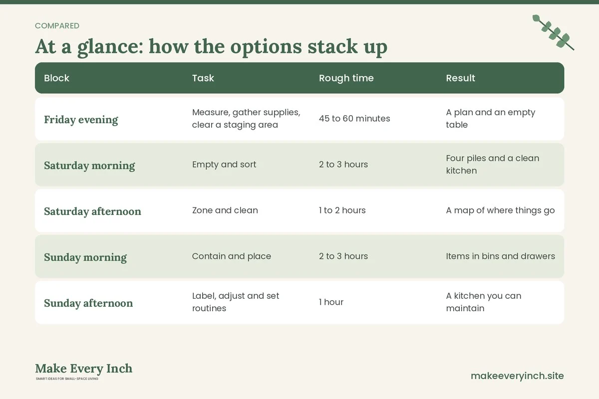 Comparison table of options for: How to Organize a Small Kitchen (Block, Task, Rough time, Result)