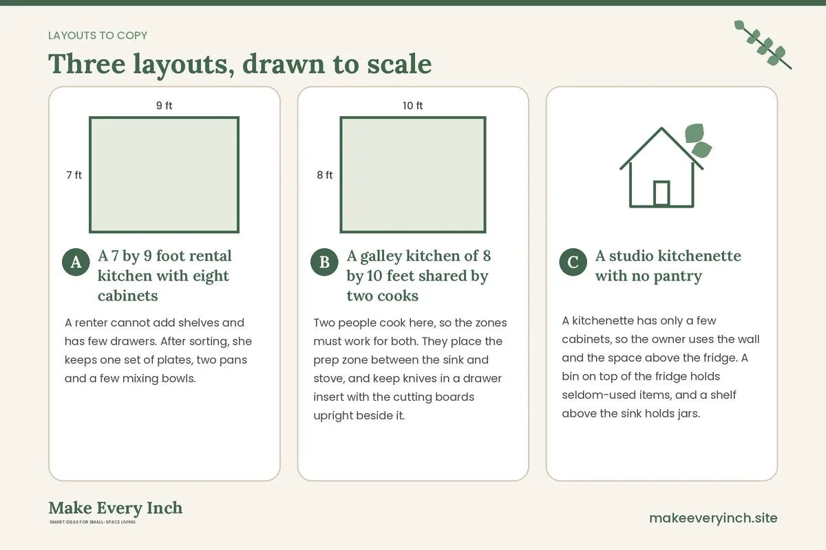 Three room layouts drawn to scale with dimensions and placement notes for: How to Organize a Small Kitchen