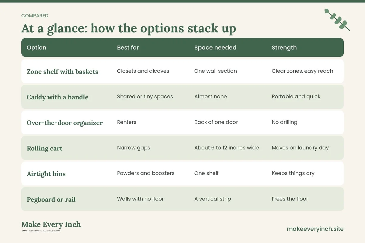 Comparison table of options for: Organize Laundry Supplies in a Small Home (Option, Best for, Space needed, Strength)