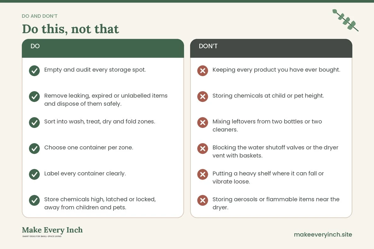 Do and don't checklist for: Organize Laundry Supplies in a Small Home
