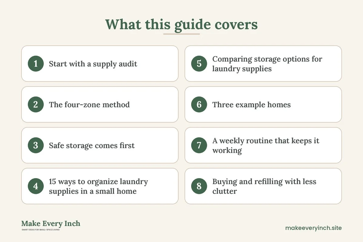 Graphic listing 8 topics covered in: Organize Laundry Supplies in a Small Home