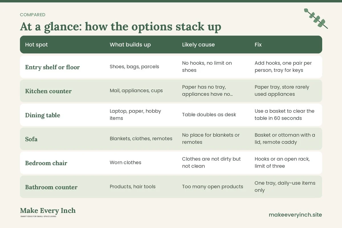 Comparison table of options for: How to Stop Clutter from Building Up in a Small Home (Hot spot, What builds up, Likely cause, Fix)