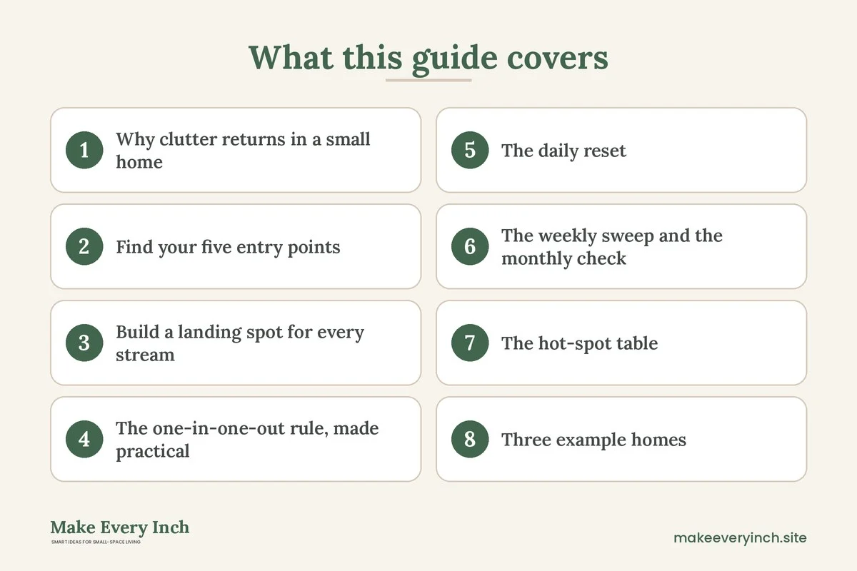 Graphic listing 8 topics covered in: How to Stop Clutter from Building Up in a Small Home