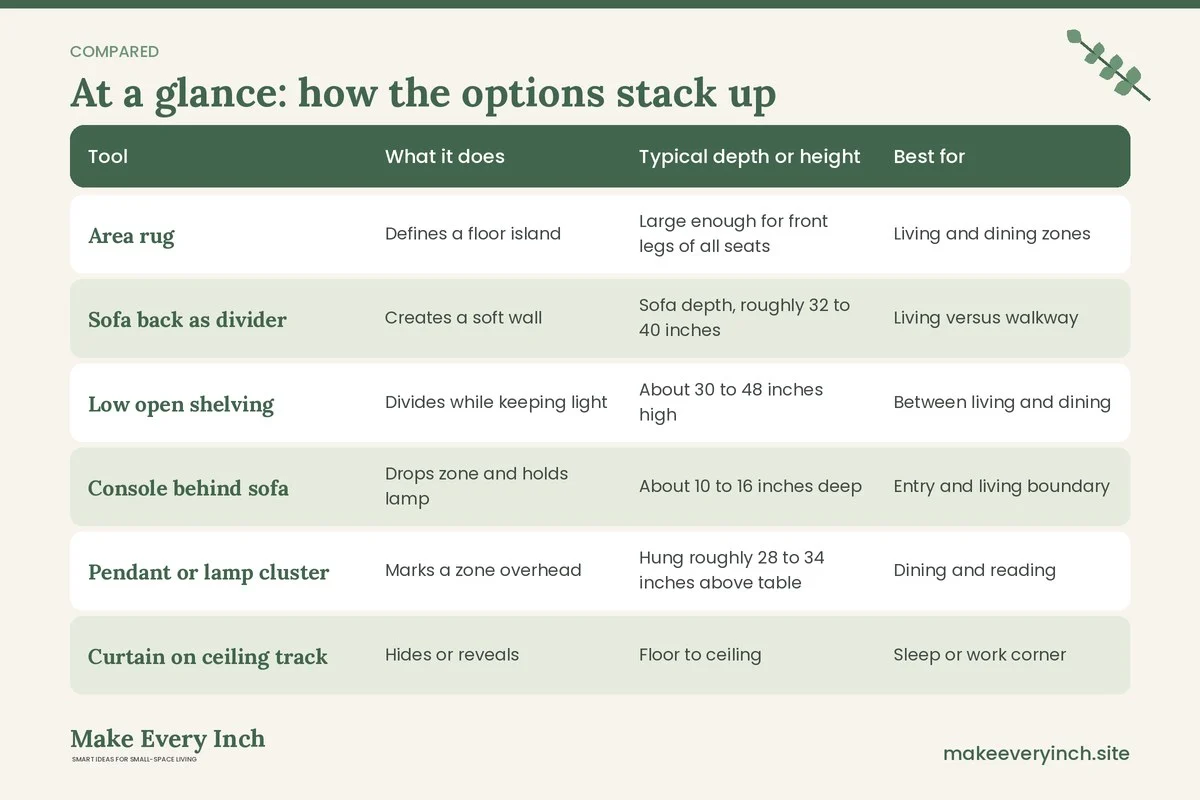 Comparison table of options for: How to Zone a Small Open-Plan Home Without Building Walls (Tool, What it does, Typical depth or height, Best for)