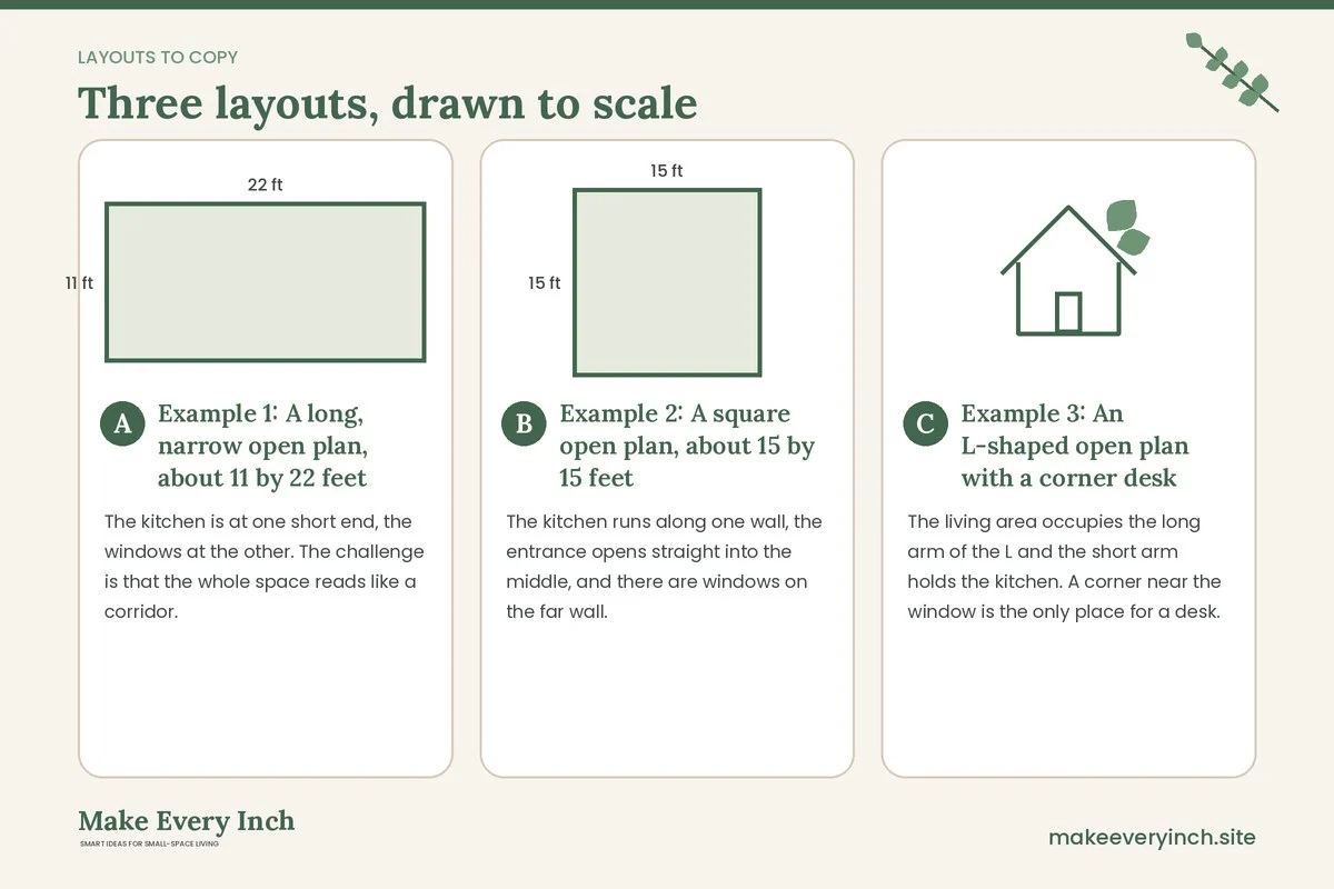 Three room layouts drawn to scale with dimensions and placement notes for: How to Zone a Small Open-Plan Home Without Building Walls